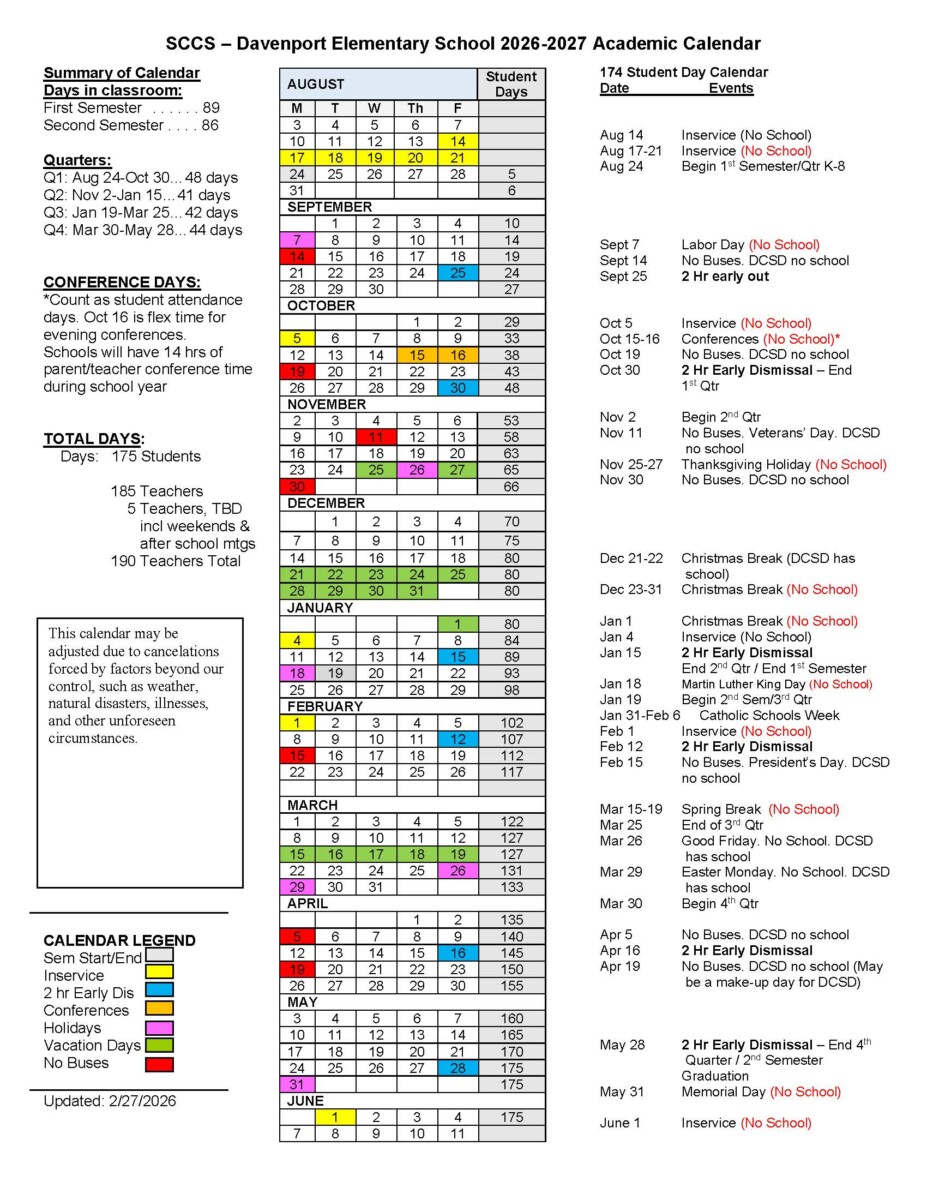 SCCS Davenport Elementary School 2026-2027 Academic Calendar Thumbnail